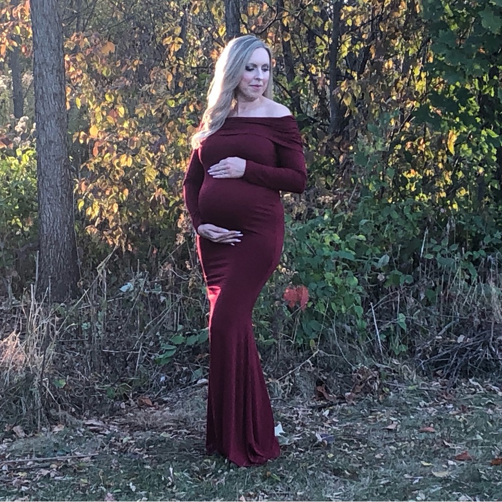Glampunch Off Shoulder Maternity Dress Fall Photoshoot Mermaid Ruched Gown Sz S - Picture 7 of 11